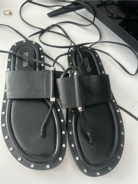 MICHAEL Michael Kors Black Leather Studded Lace-Up Sandals